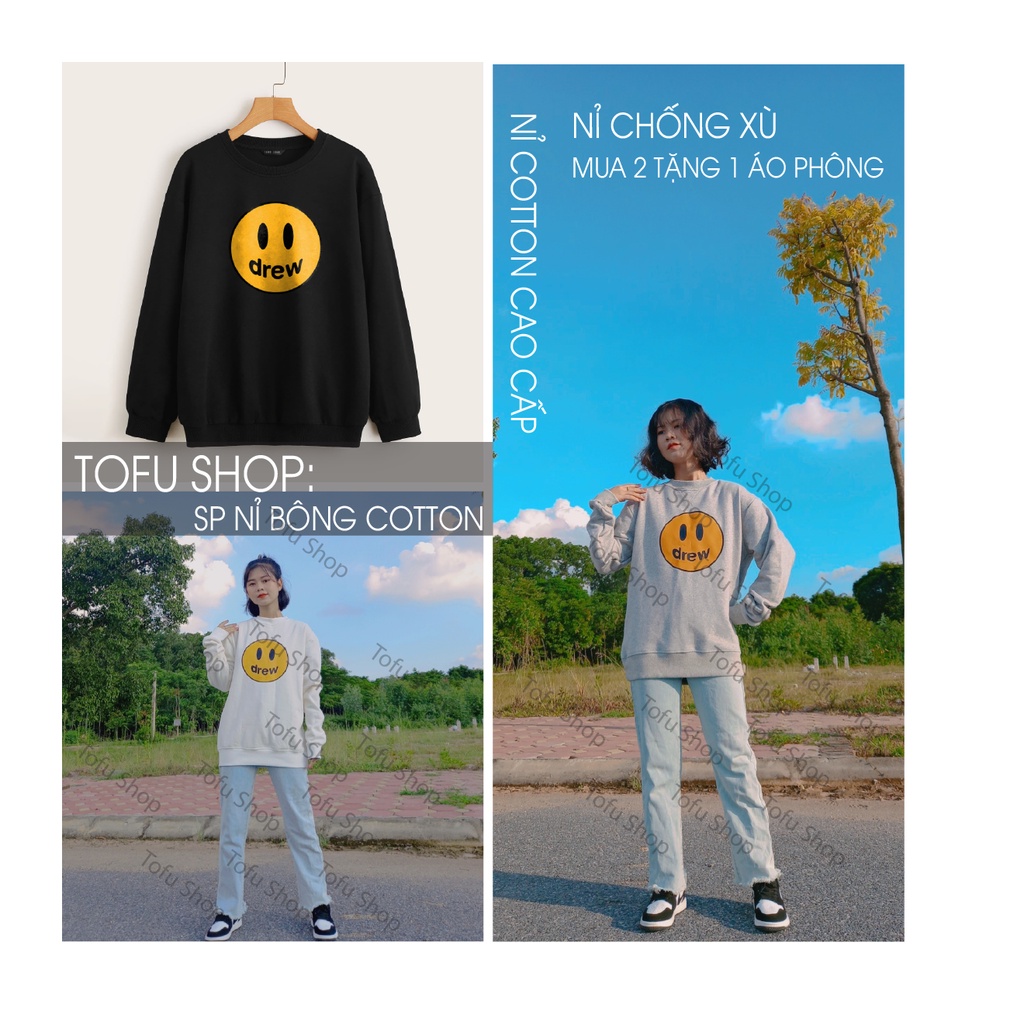 Áo sweatshirts cổ tròn mặt cười D.rew vải Nỉ cao cấp , Áo thu đông Nam nữ DÀI TAY