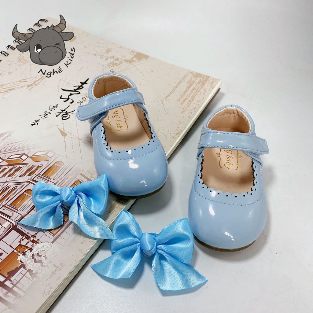 [P2]Giày búp bê kèm nơ xinh cho bé gái - Giày công chúa da PU bóng màu Xanh Trắng