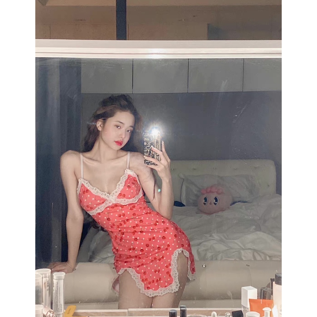 Đầm ngủ váy ren sexy gợi cảm 2 dây trái xanh đào hồng xẻ tà hở lưng vai idol địa ngục độc thân Song Ji A ulzzang