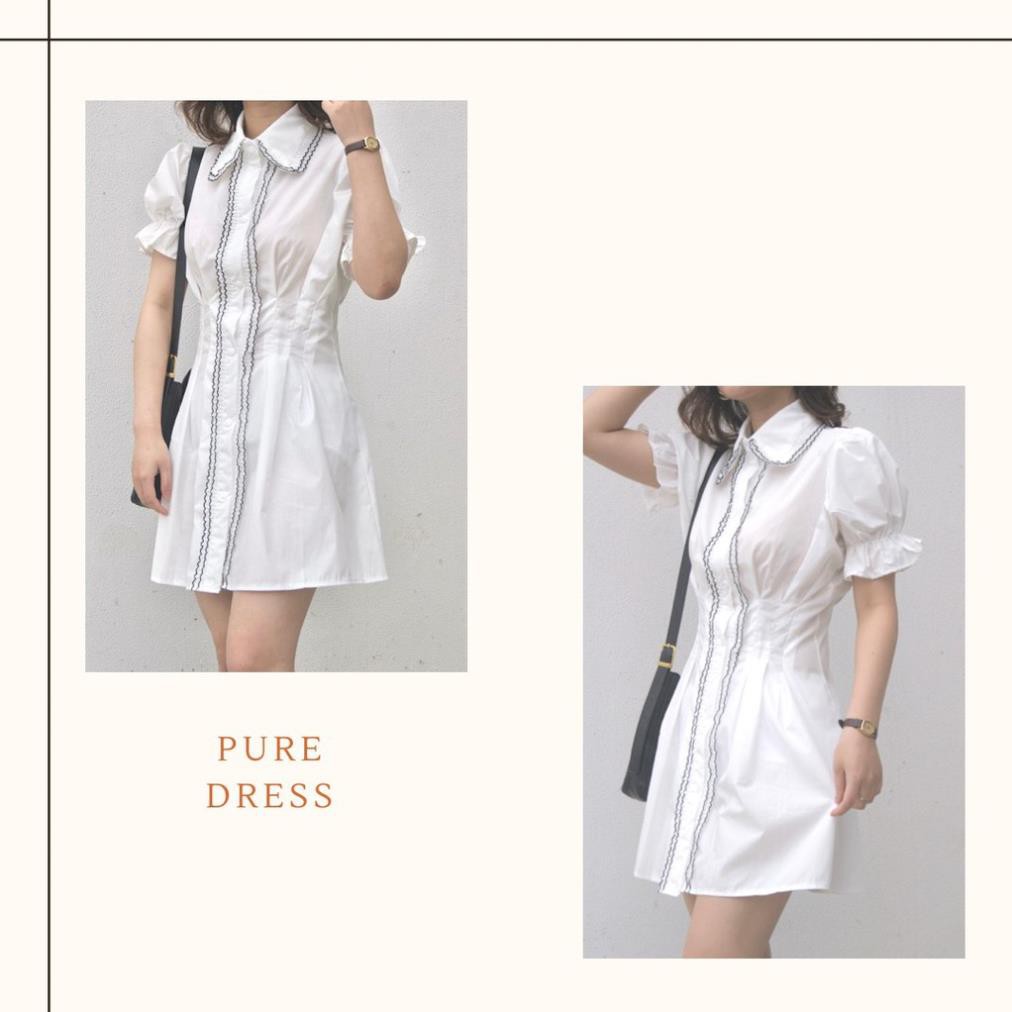 [Pure Dress] Váy trắng liền thân viền đen tay bo cổ Đức Đẹp ⚡