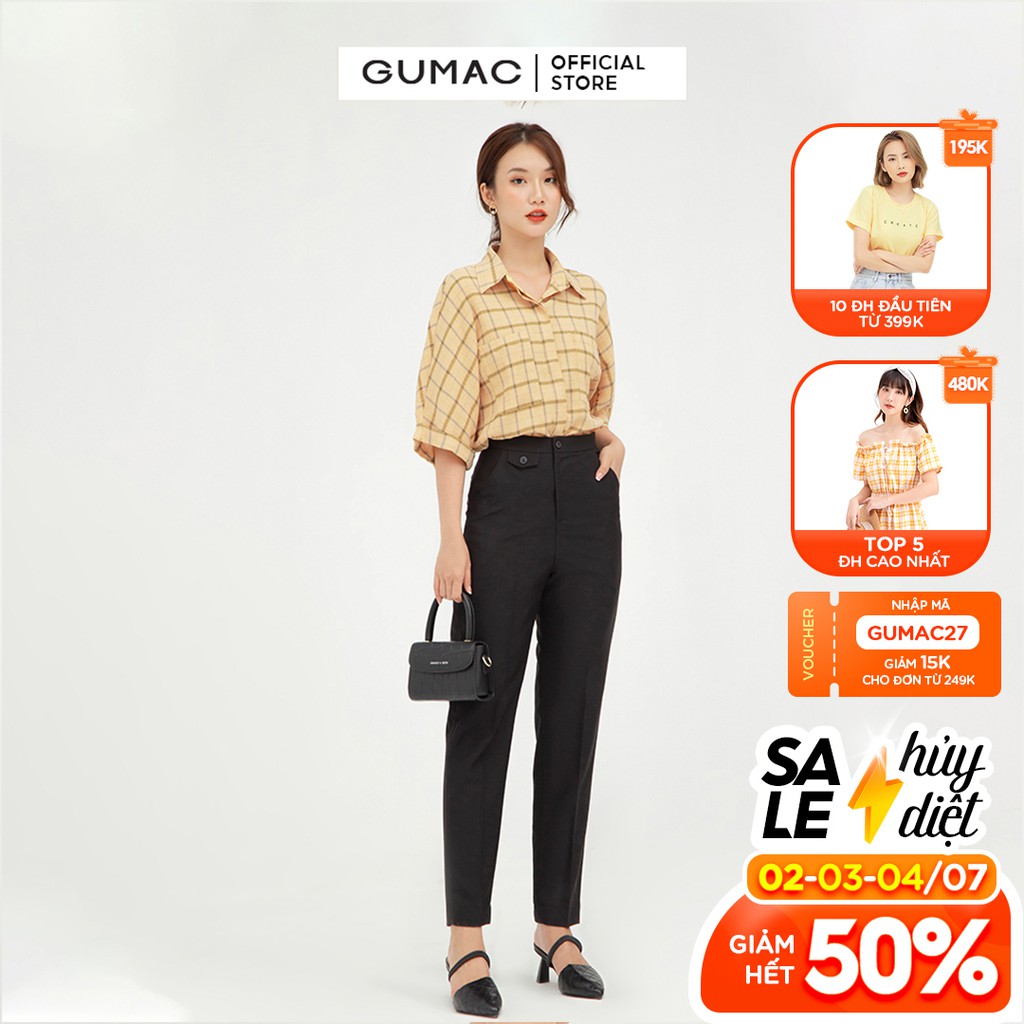 [Mã WABRGU72 giảm 10% tối đa 50k đơn 250k] Áo sơ mi nữ tay dơi GUMAC màu vàng họa tiết caro AB560