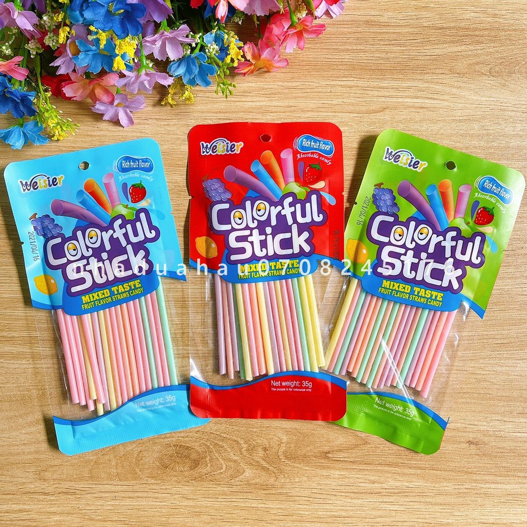  Một gói Kẹo que tăm / kẹo stick sắc màu vị trái cây hiệu Weisier Hongkong gói 35g