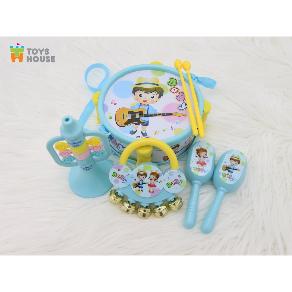 Set đồ chơi Xúc xắc, lục lạc, kèn, trống Toyshouse dành cho bé từ sơ sinh 733 - giúp bé phát triển thị giác, thính giác
