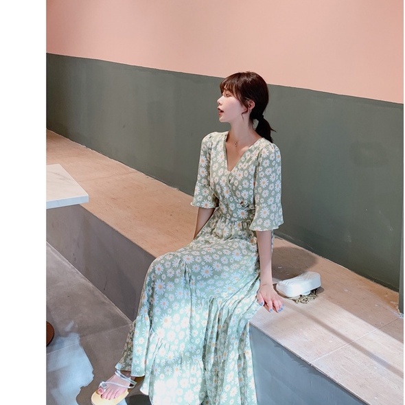 Váy Little daisy hè đuôi cá, tay xòe xuất xứ Quảng Châu mới thịnh hành voan cổ cao eo dài cổ tích nhỏ váy dài tươi mát