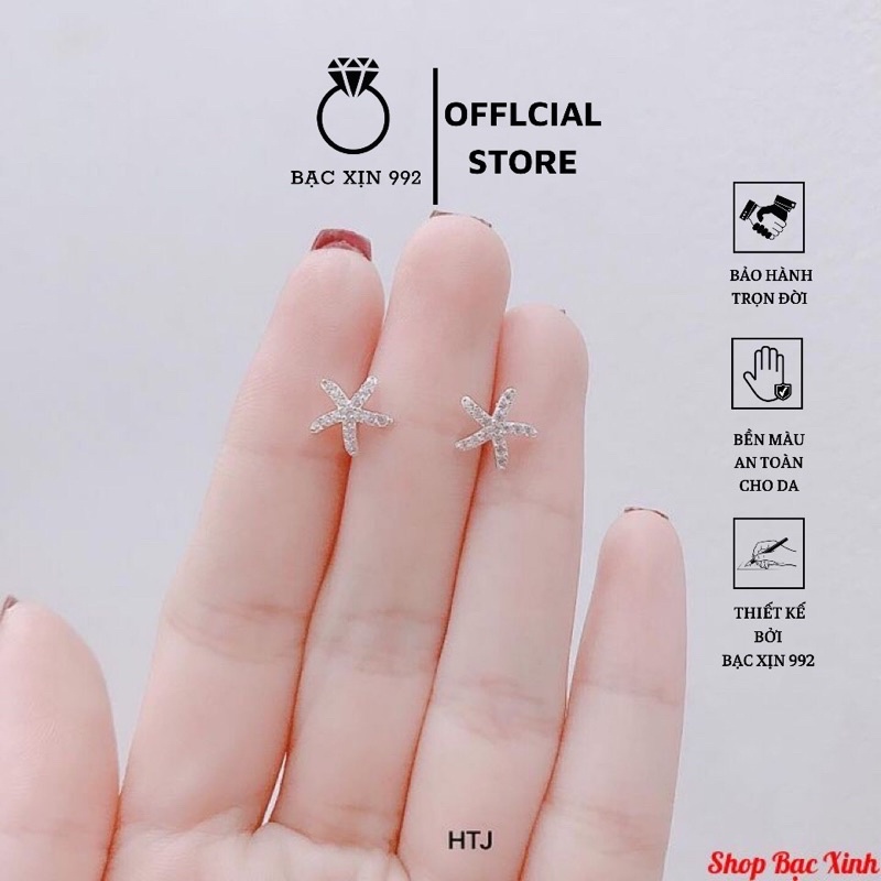 Bông tai nụ hình sao biển, bông tai nụ bạc , đính đá