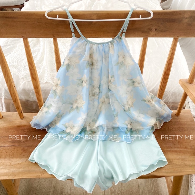Kelly set - đồ mặc nhà, đồ ngủ hai dây áo tơ hoa kết hợp quần lụa Satin