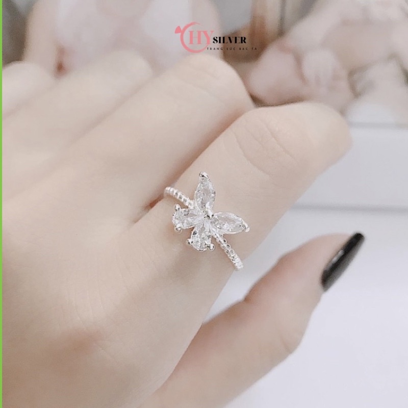 Nhẫn bạc ta hồ điệp nạm đá nhẫn hở Freesize nhẫn nữ bạc ta bươm bướm