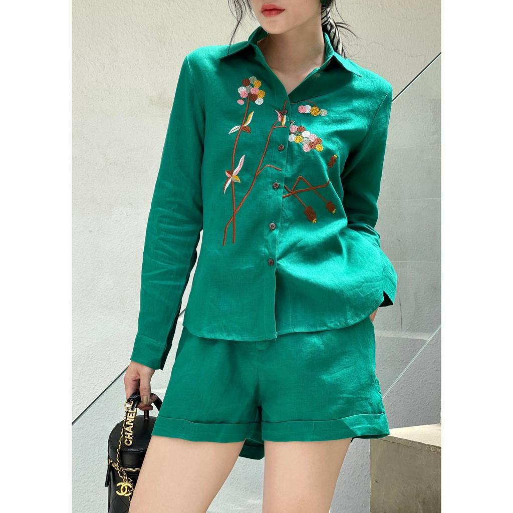 Bộ Sơ Mi Quần Ngắn ROXY Vải Linen Thêu Hoa Cao Cấp Phong Cách Thanh Lịch, Sang Trọng 6216