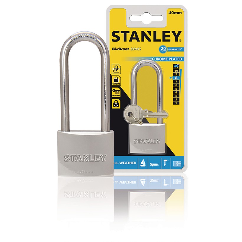 Ổ Khóa Stanley USA, Chrome trắng, càng dài, rộng 40mm- S742-016