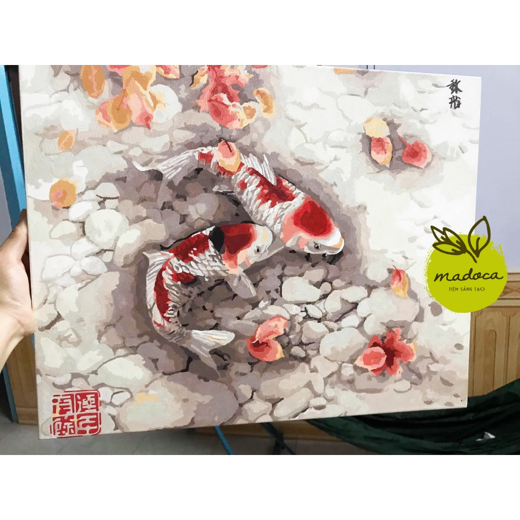 Tranh tô màu số hóa Madoca có khung 40x50cm Cá tài lộc T148