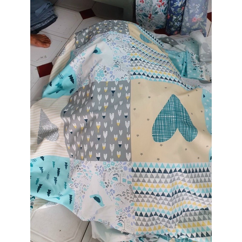 Vải họa tiết trái tim xanh chất cotton lụa Hàn Quốc may ga drap trải giường, may gối kiểu dễ thương