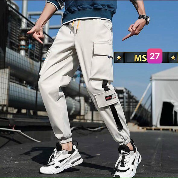 Quần Jogger Kaki thể thao lưng thun ống bó túi hộp màu kem đen phong cách M352