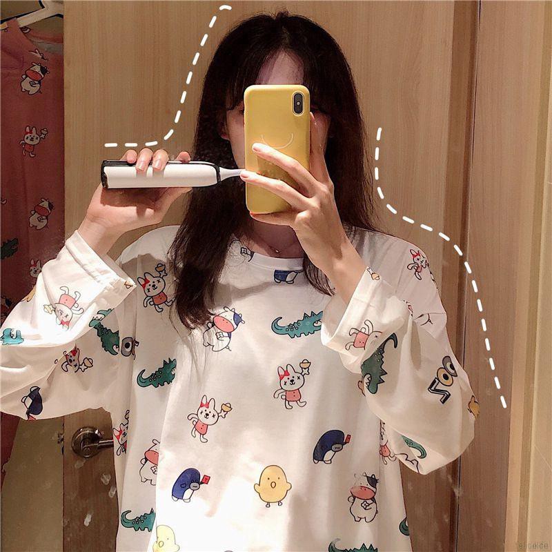 Women Lovely Sweet Autumn Cute Cartoon Print Long Sleeved Pajama Set Cotton Sleepwear