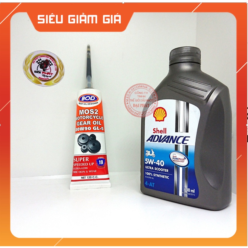 Compo nhớt máy shell utra scooter 5w40 800ml,nhớt lap bod 80w90 Mos2 chống hú lap