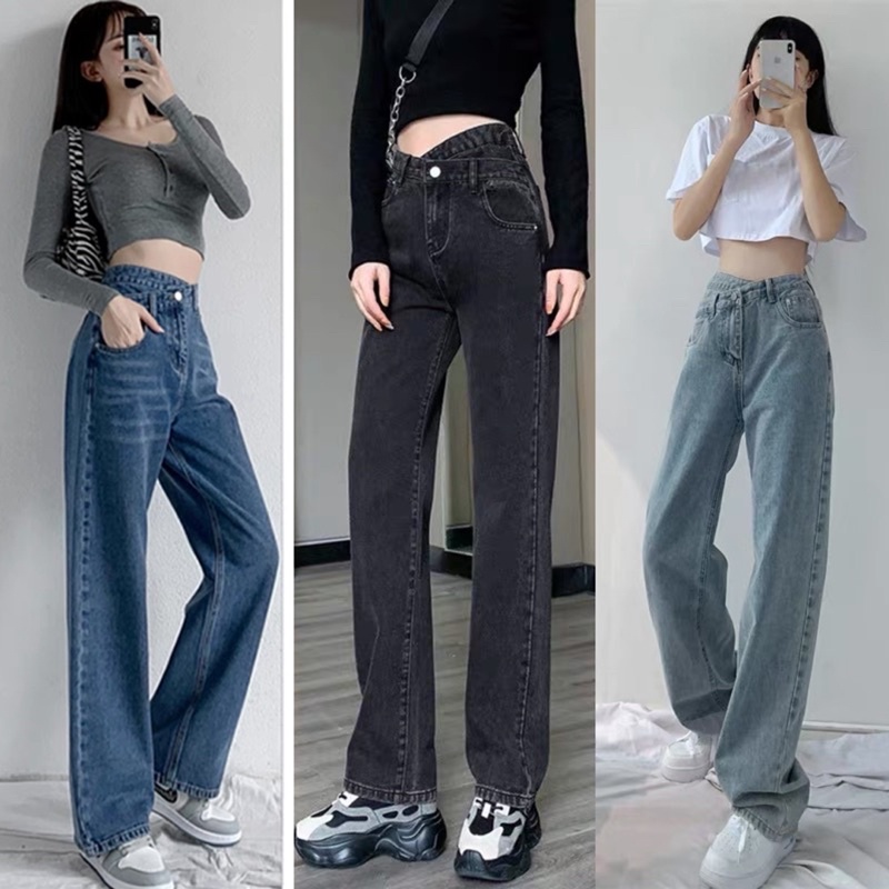 [Ảnh thật/Video]Quần Jean ống rộnh cạo chéo ba màu hottrend Quần bò ống rộng form to Quảng Châu