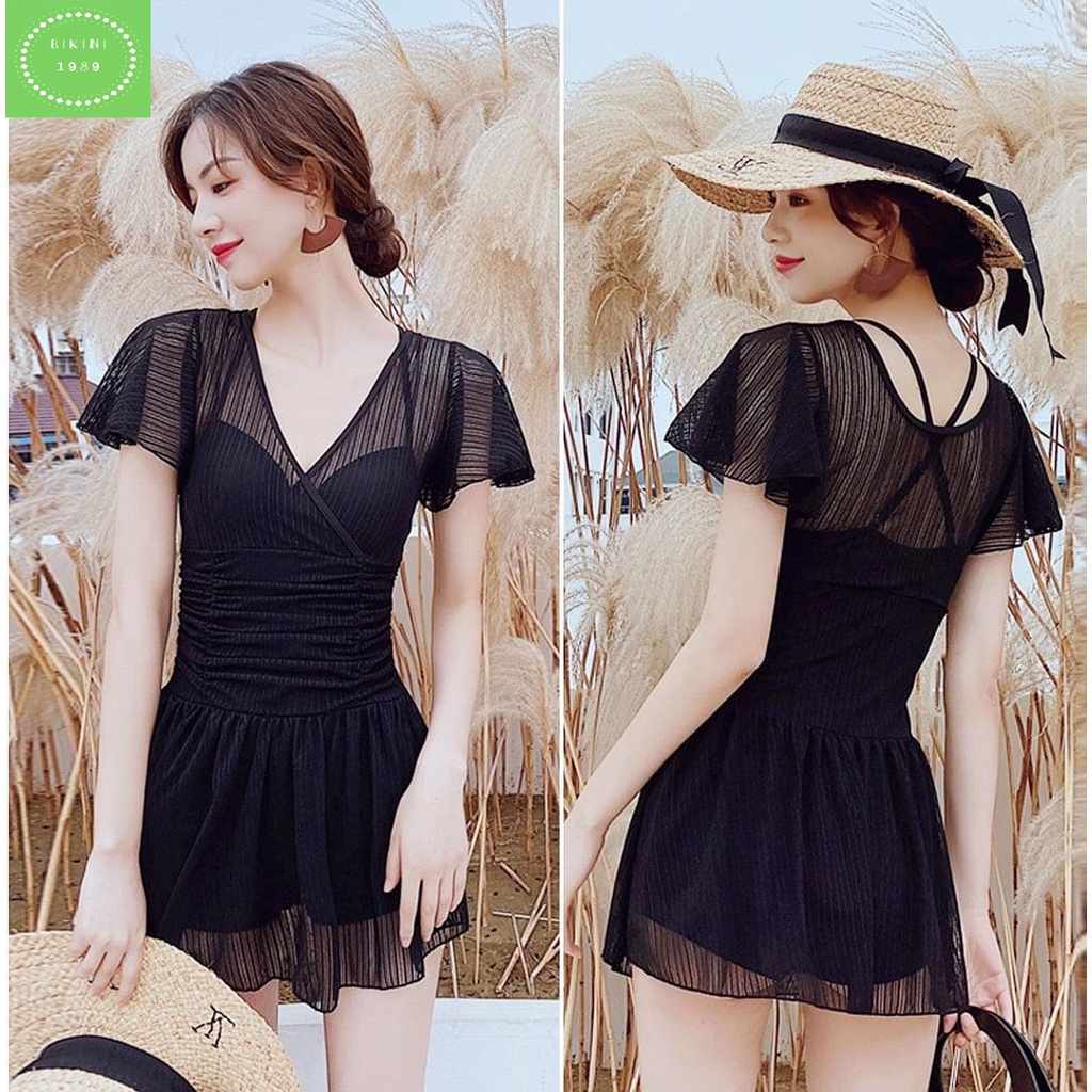 Bikini, Bộ Đồ bơi nữ áo tắm một mảnh liền váy vai ren nhún bụng kín đáo che bụng sang trọng đi biển cao cấp