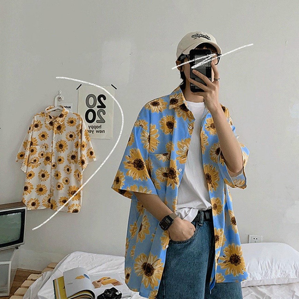 Áo sơ mi unisex chiffon tay ngắn in họa tiết hoa cúc có thể mặc cặp mặc nhóm vải mềm mịn thoáng mát