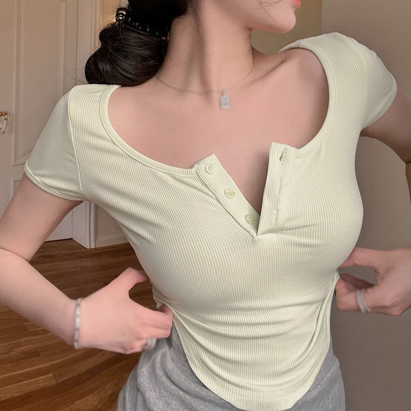 Áo Thun Tay Ngắn Cổ Chữ U Thiết Kế Độc Đáo Thời Trang Mùa Hè Quyến Rũ Cho Nữ