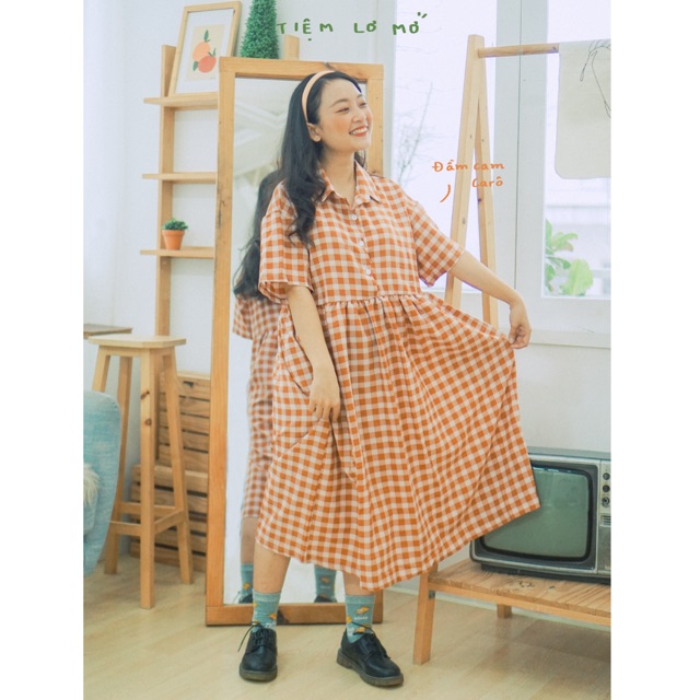 Đầm caro cam nâu