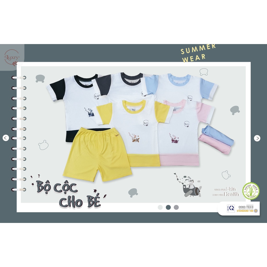 Bộ quần áo cộc cổ tròn gân tăm thương hiệu Luxry đáng yêu cho bé trai, bé gái