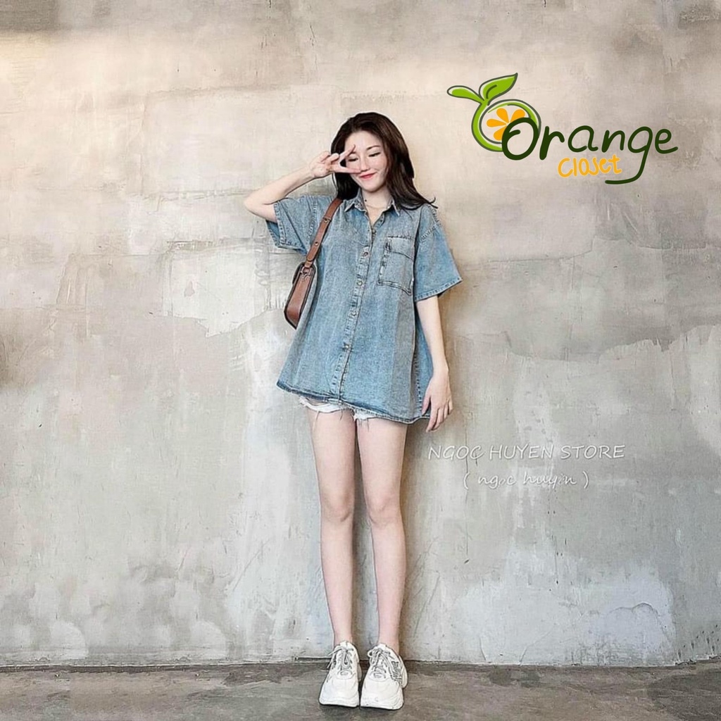 Áo  sơ mi Jean nữ cộc tay form rộng. áo bò nữ tay ngắn có túi ngực free Size 45>>60 kg | BigBuy360 - bigbuy360.vn