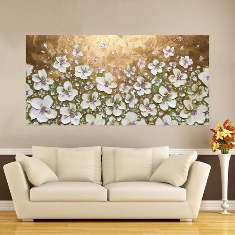 Tranh treo tường sơn dầu vẽ tay mẫu hoa trừu tượng kèm khung và móc treo tranh kích thước 70*140cm.