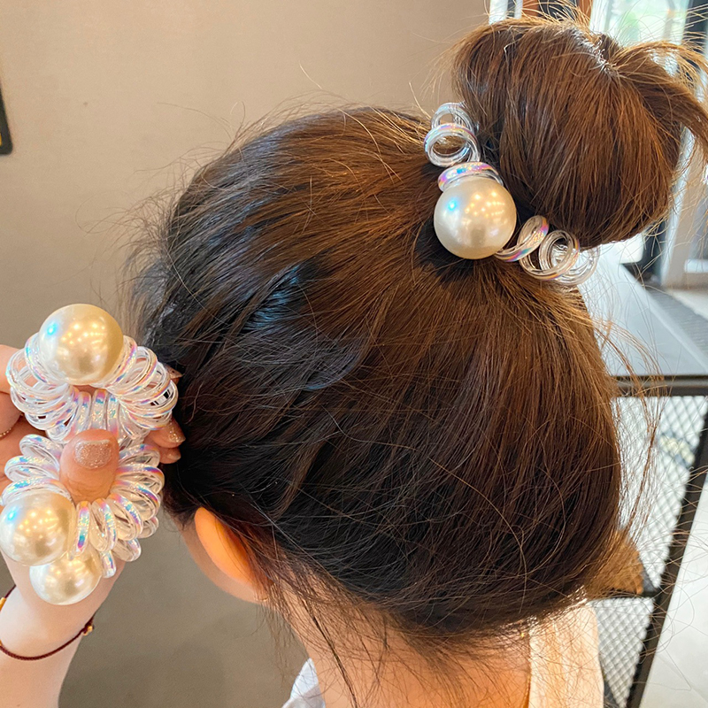 Dây buộc tóc co giãn dạng xoắn kiểu dây điện thoại đính ngọc trai nhân tạo lớn cho nữ