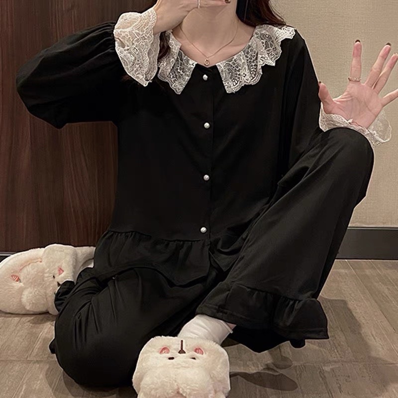 Set đồ bộ pijama mặc nhà LỤA LATIN tay dài quần dài phối bèo ren Tiểu Thư cao cấp sang trọng
