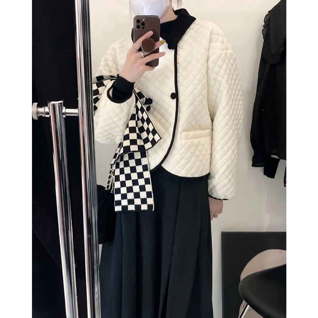 Set Áo Khoác cotton Ngắn Kẻ Sọc Caro Phối Chân Váy Lưng Cao Thời Trang Thu Đông 2022 Sang Trọng Cho Nữ