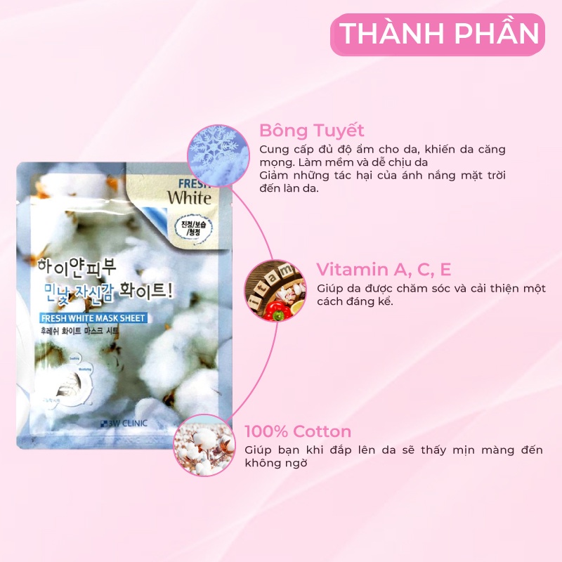 Combo 10 Túi Mặt nạ giấy dưỡng trắng da dưỡng ẩm chiết xuất từ Hoa Nhung Tuyết 3W Clinic Hàn Quốc 23mlx10