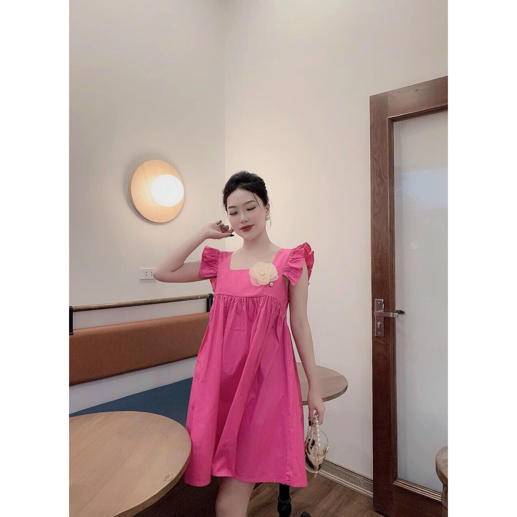 Đầm baby doll cổ vuông tay bèo kết bông dễ thương Rose Fashion
