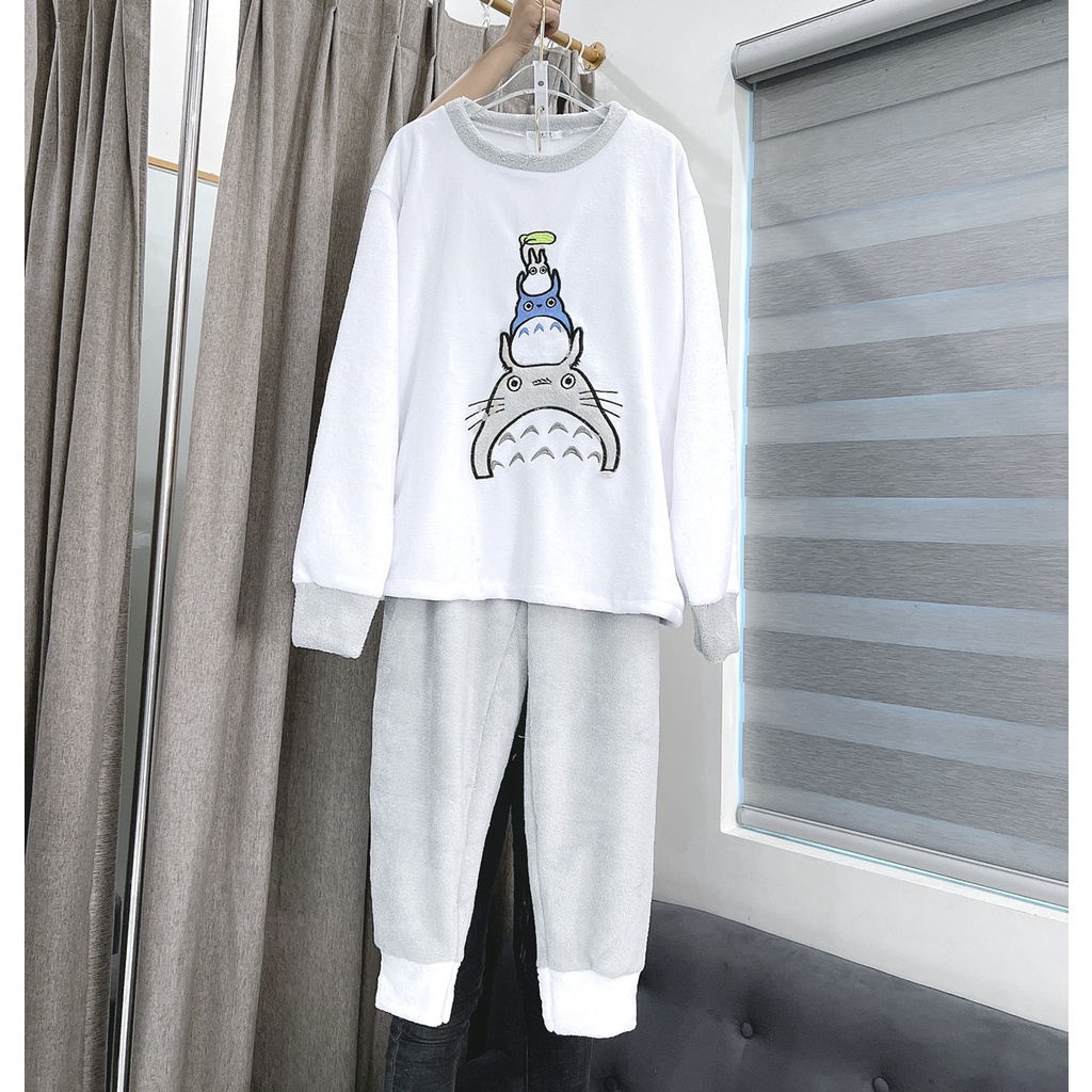 Bộ Lông Cừu Unisex Nam Nữ Totoro Màu Xám Dáng Rộng Mặc Nhà Mùa Đông Ấm Uzzlang