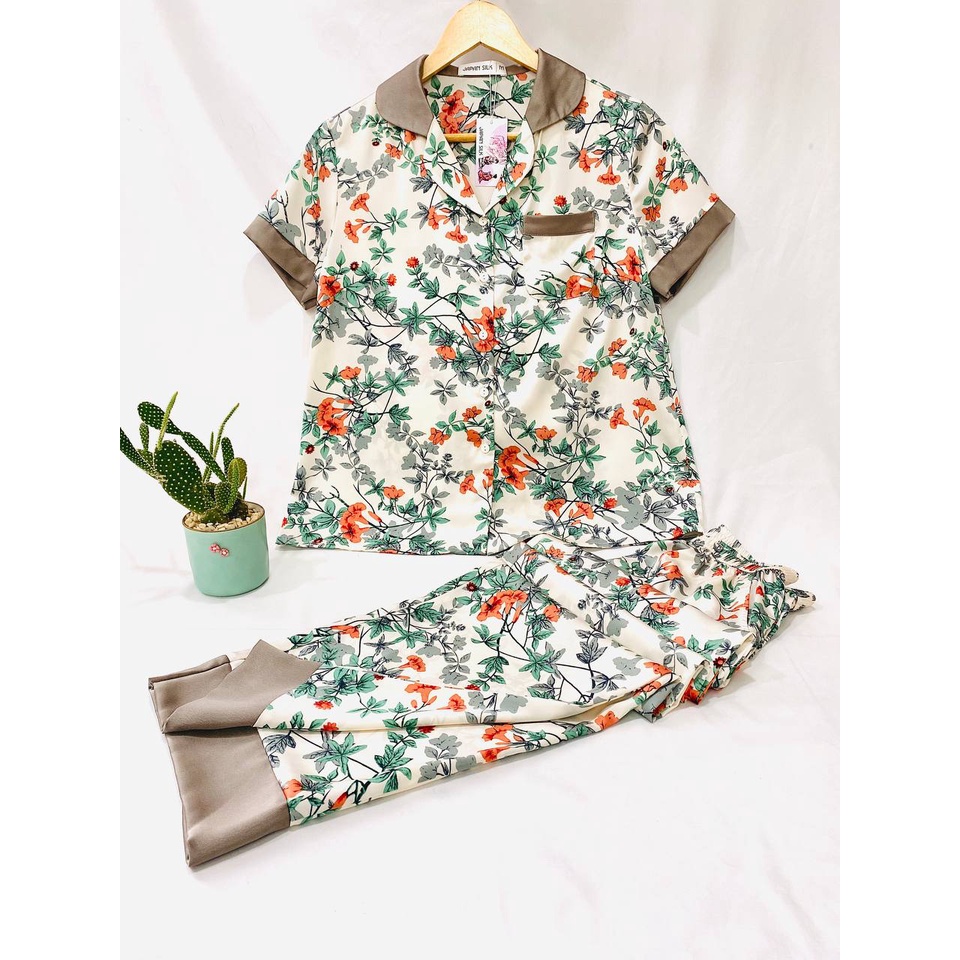 Bộ đồ ngủ lụa Nhật Japan Silk loại áo cộc quần dài tay họa tiết hoa sơn sang trọng , tươi mát