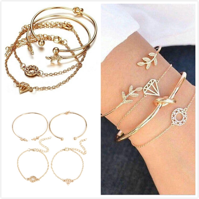 fashion woman 4pcs/set boho Vintage leaves Rhinestone Hollow elegant Bracelet jewelry set