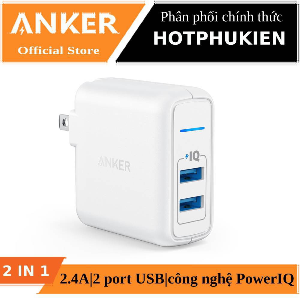 Cóc củ sạc nhanh 24W công nghệ PowerIQ cho điện thoại / máy tính bảng hiệu Anker PowerPort 2 Lite - hàng nhập khẩu