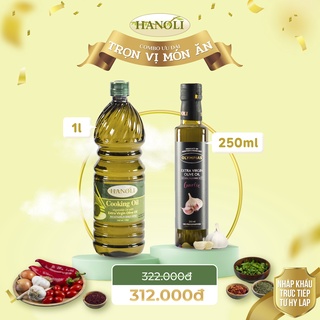 Combo dầu ăn oliu hanoli chai 1l và dầu oliu siêu nguyên chất vị tỏi olympias chai 250ml