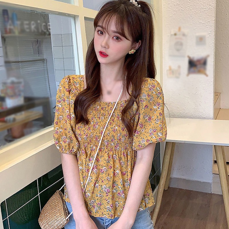 Áo Tay Ngắn Cổ Chữ U Họa Tiết Hoa Xinh Xắn Thời Trang Mùa Hè Dành Cho Nữ