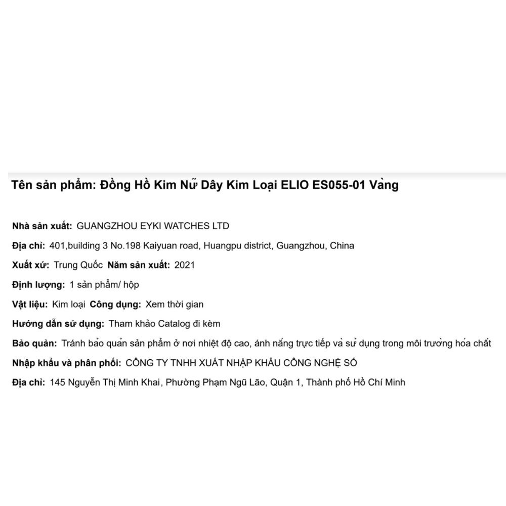 Đồng Hồ Kim Nữ Dây Kim Loại ELIO ES055-01 Vàng