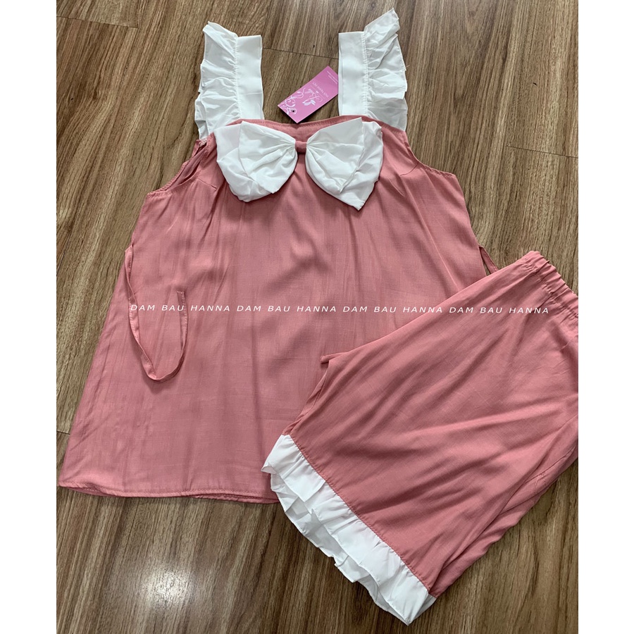 [HANNA] Đồ Bộ  Cho Mẹ Bầu Xinh Mặc Ở Nhà Quần Đùi Vải Lụa Đũi Hàn Cao Cấp Mềm Mát Free Size 40-70kg Đường May Chắc Chắn