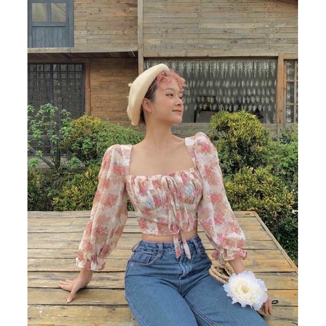 ÁO CROP HOA CỔ U