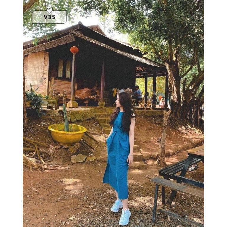 Đầm váy nữ xanh dáng thân dài xẻ tà vừa giản dị vừa thanh lịch thích hợp đi dạo phố