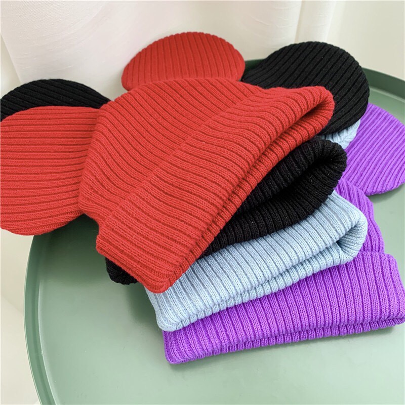 Mũ trùm đầu cotton dệt kim thiết kế tai chuột Mickey đáng yêu dành cho trẻ em