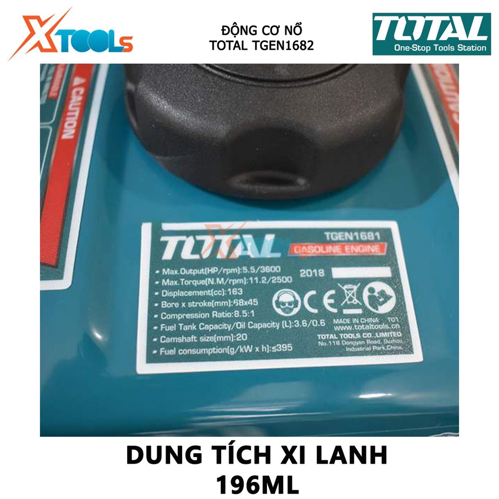 Động cơ nổ TOTAL TGEN1682 đầu nổ dùng xăng Loại động cơ 4 thì, OHV, Đầu ra tối đa 6.5HP, Đường kính trục 19mm, Dung tích