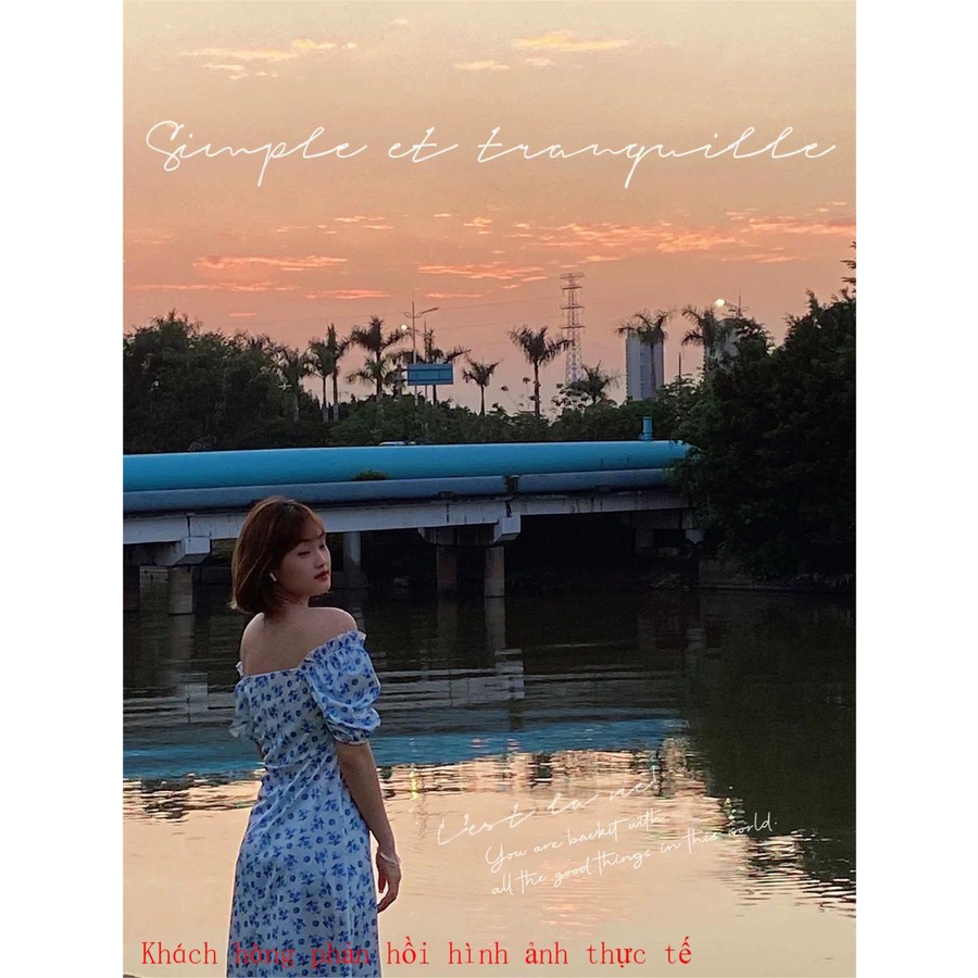 Đầm Hoa Cổ Vuông Dáng Rộng Xẻ Tà Thời Trang Hàn Quốc 2022 Cho Nữ