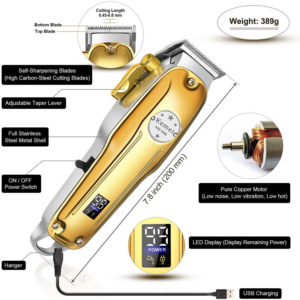 Tông đơ cắt tóc/ cạo râu bằng điện Kemei 1986 chuyên dụng màn hình LCD cổng USB dành cho nam giới