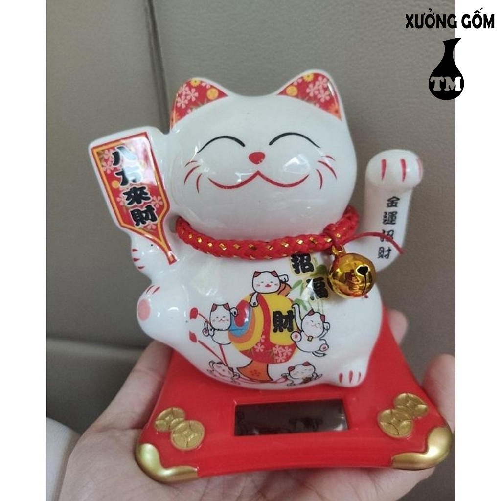 Mèo Thần Tài Vẫy Tay Sạc Bằng Năng Lượng Xưởng Gốm TM Bát Tràng 10CM