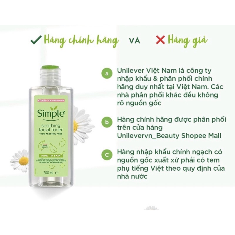 Nước Hoa Hồng Simple Dành Cho Da Nhạy Cảm Kind to Skin Soothing Facial Toner 200ml