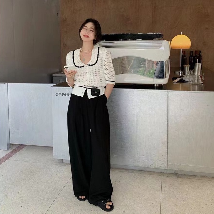 Áo cardigan dệt kim ZHELIHANGFEI tay ngắn cổ búp bê dáng rộng thời trang dễ thương xinh xắn cho nữ