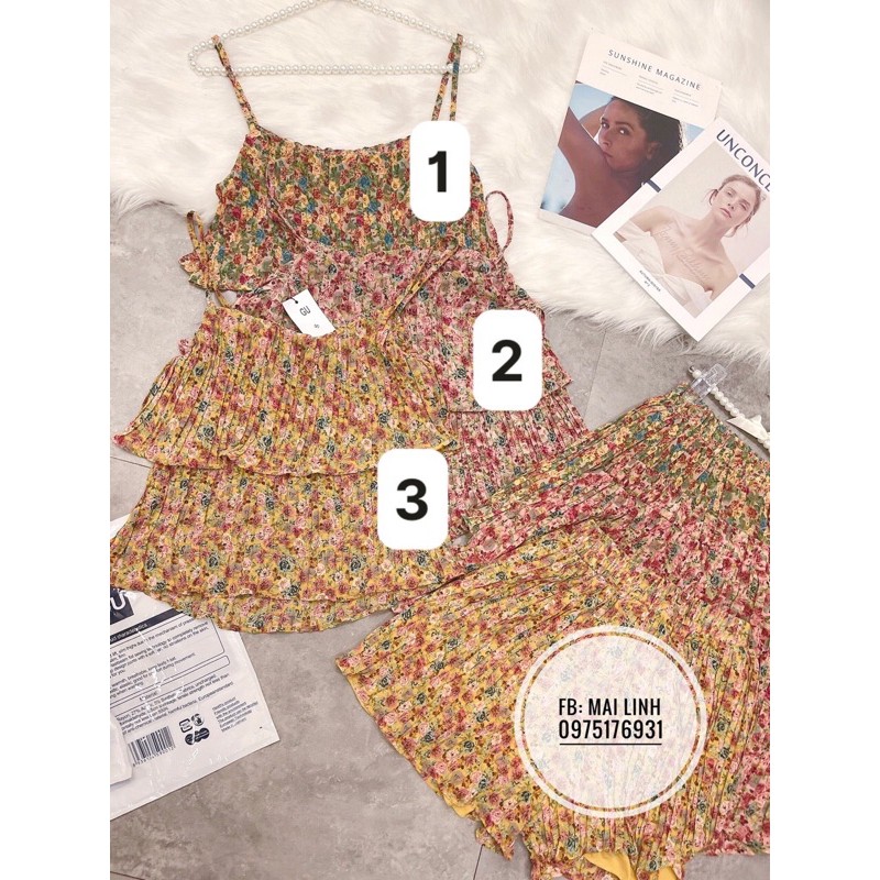 ⚡️BÁN SỈ⚡️Set áo 2 dây và quần váy dập ly hoa 3 màu
