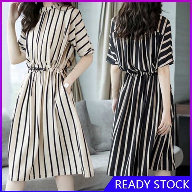 FL【COD Ready】Đầm nữ kẻ sọc lưng thun thời trang